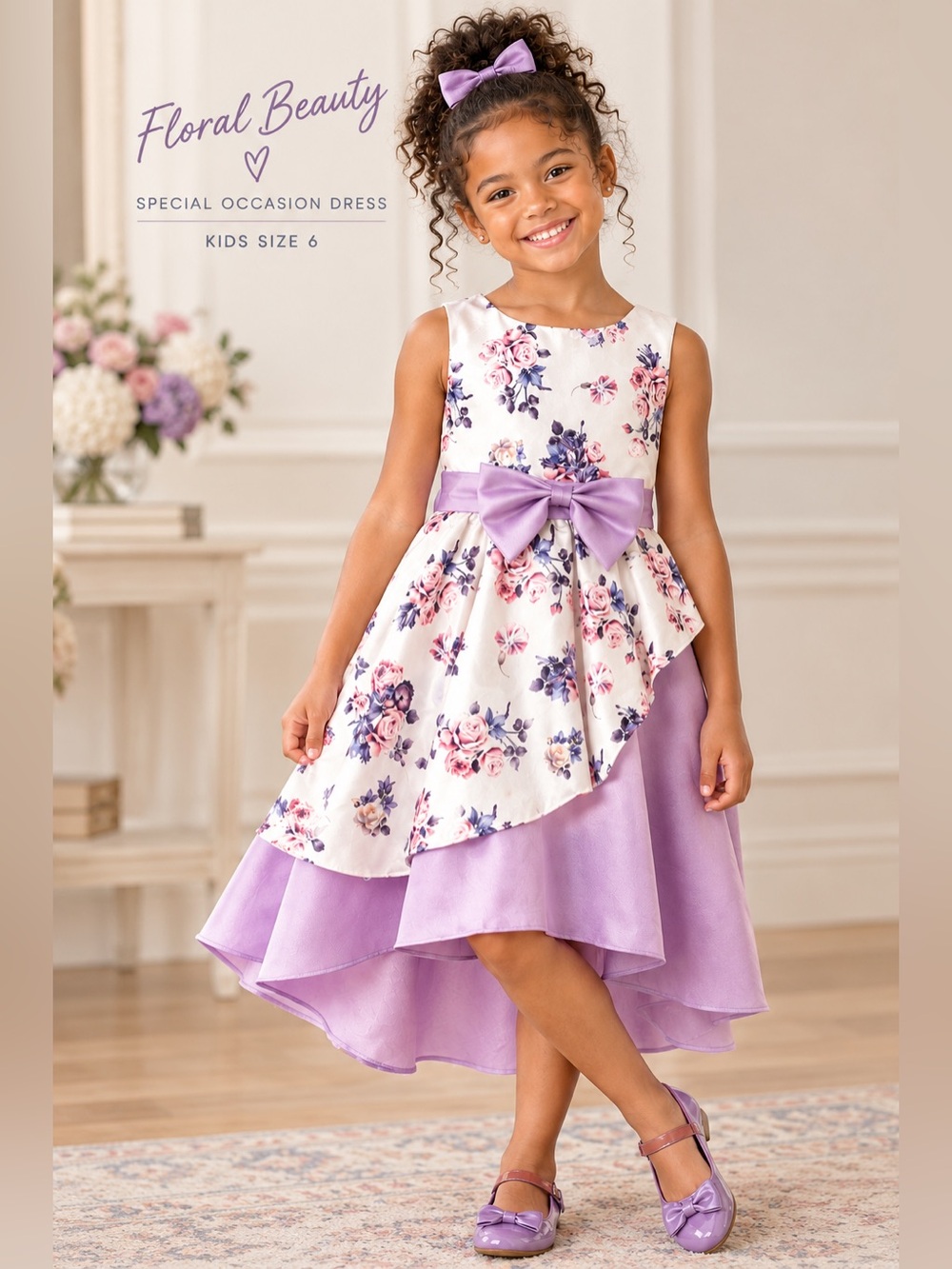 Floral Lavender High-Low Party Dress for Girls